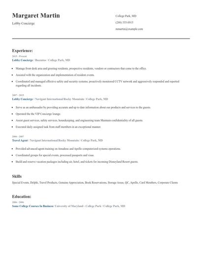 Lobby Concierge Resume