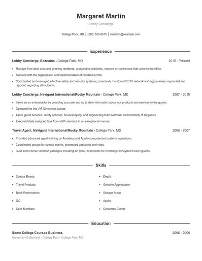 Lobby Concierge Resume
