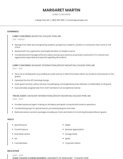 Lobby Concierge Resume