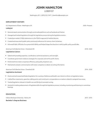 Lobbyist Resume