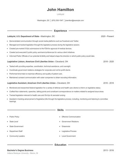 Lobbyist Resume