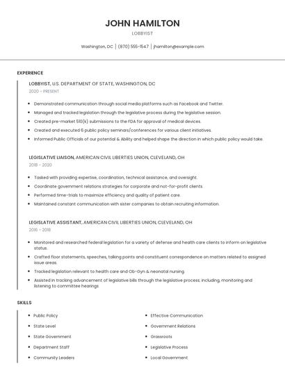 Lobbyist Resume