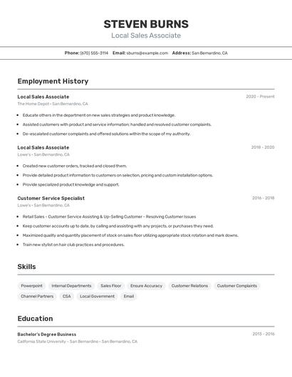 Local Sales Associate Resume