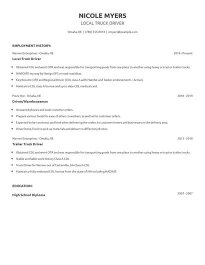 Local Truck Driver Resume