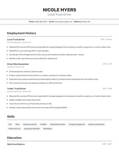 Local Truck Driver Resume