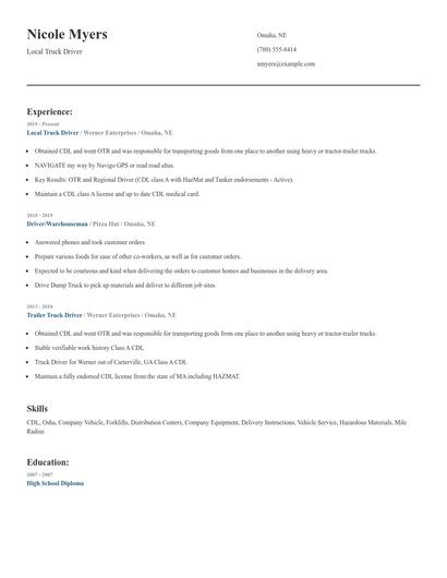 Local Truck Driver Resume
