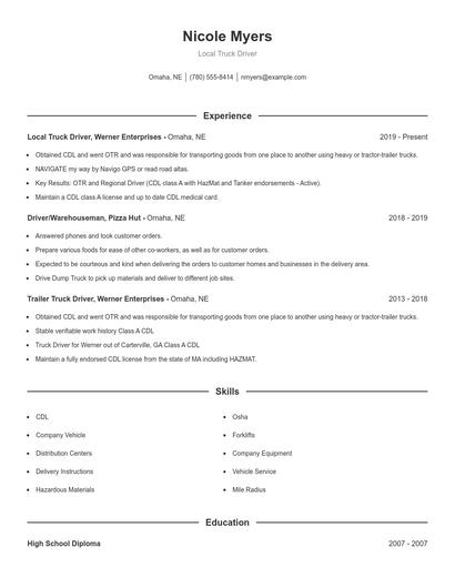 Local Truck Driver Resume