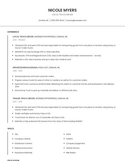 Local Truck Driver Resume