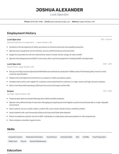 Lock Operator Resume