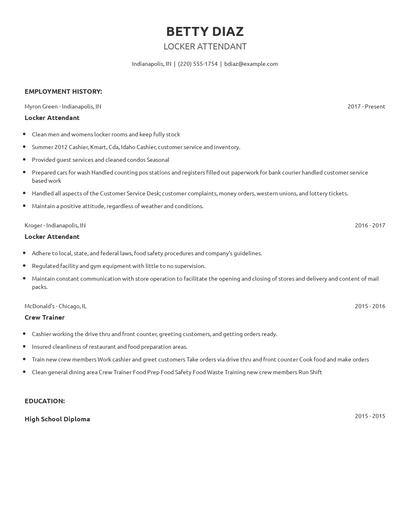 Locker Attendant Resume