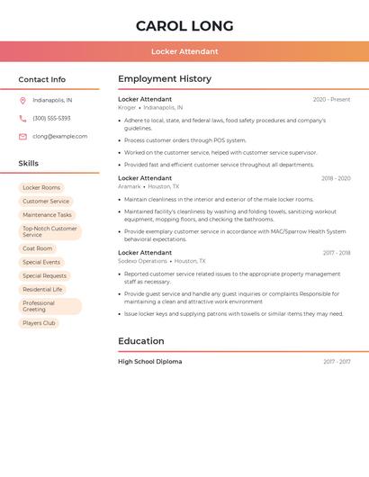 Locker Attendant Resume