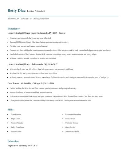 Locker Attendant Resume