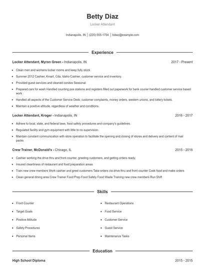 Locker Attendant Resume
