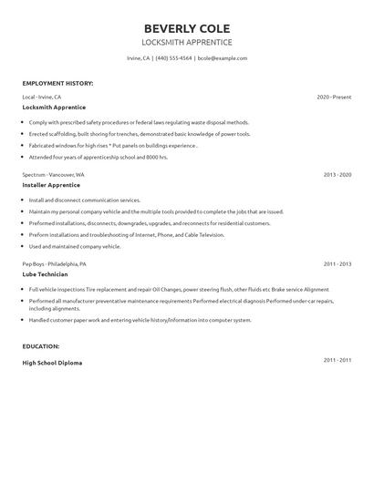 Locksmith Apprentice Resume
