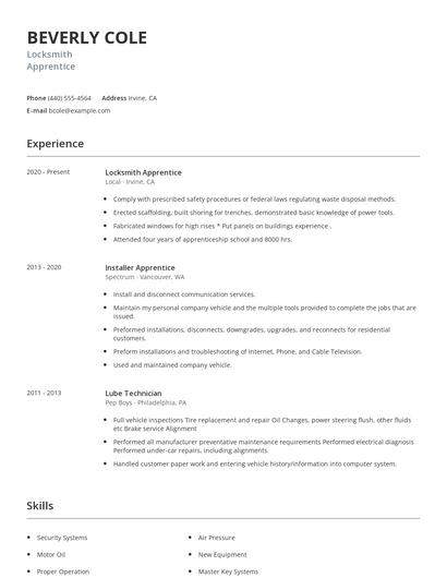 Locksmith Apprentice Resume