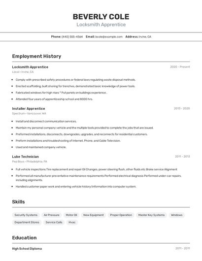 Locksmith Apprentice Resume