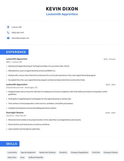 Locksmith Apprentice Resume