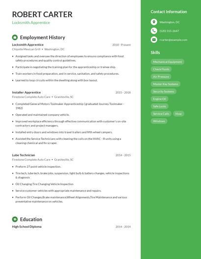 Locksmith Apprentice Resume