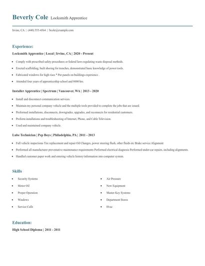 Locksmith Apprentice Resume