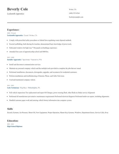 Locksmith Apprentice Resume