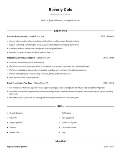 Locksmith Apprentice Resume