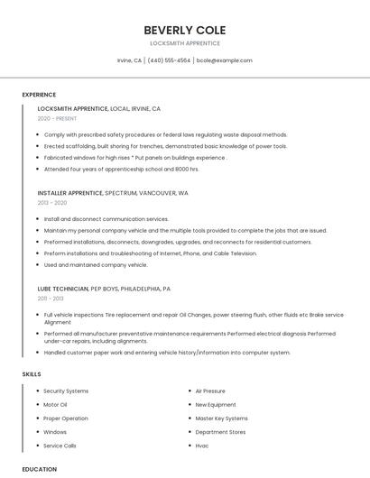 Locksmith Apprentice Resume