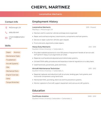 Locomotive Mechanic Resume