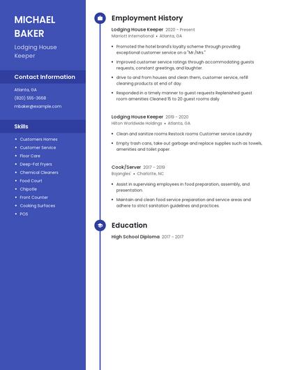 Lodging House Keeper Resume