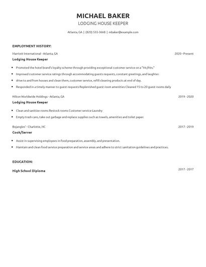 Lodging House Keeper Resume