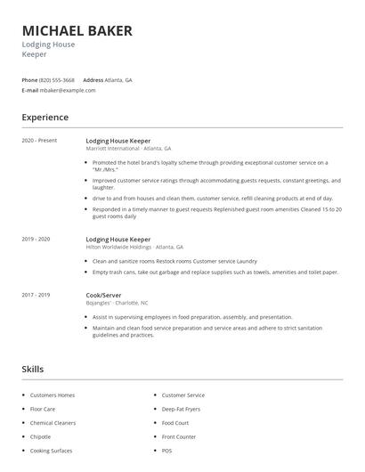 Lodging House Keeper Resume
