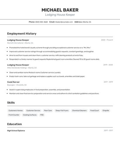 Lodging House Keeper Resume