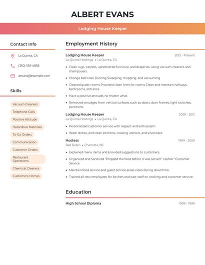 Lodging House Keeper Resume