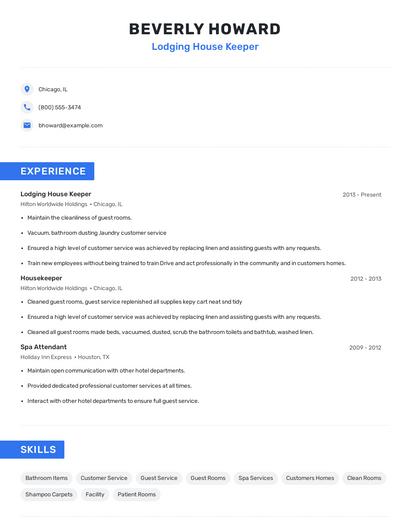 Lodging House Keeper Resume