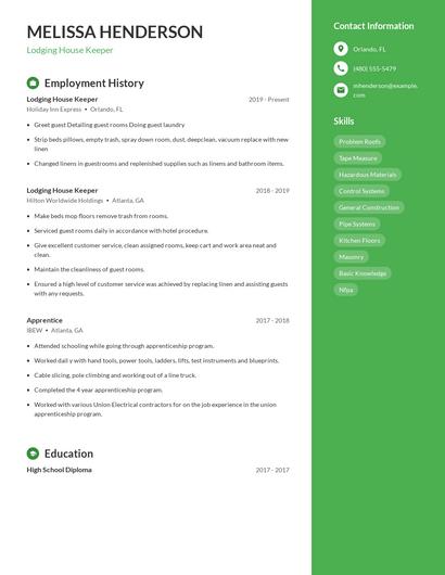 Lodging House Keeper Resume