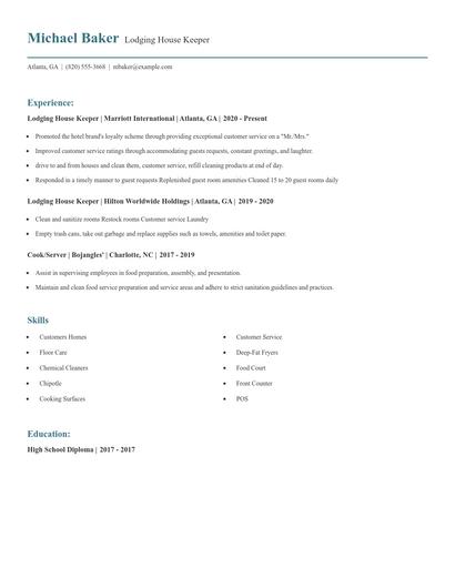 Lodging House Keeper Resume