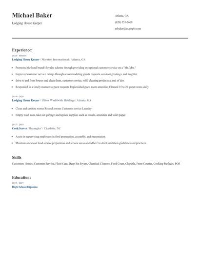 Lodging House Keeper Resume