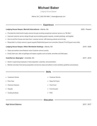 Lodging House Keeper Resume