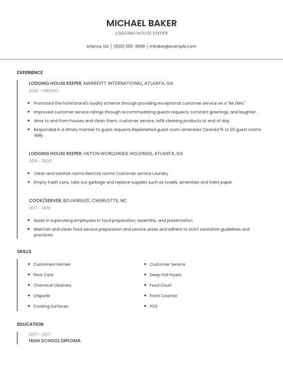 Lodging House Keeper Resume
