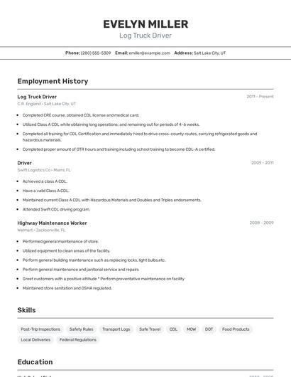 Log Truck Driver Resume