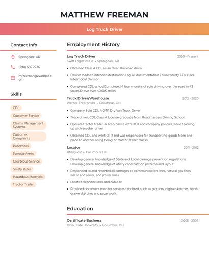 Log Truck Driver Resume