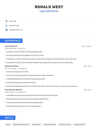 Log Truck Driver Resume