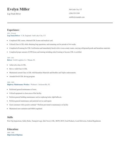Log Truck Driver Resume