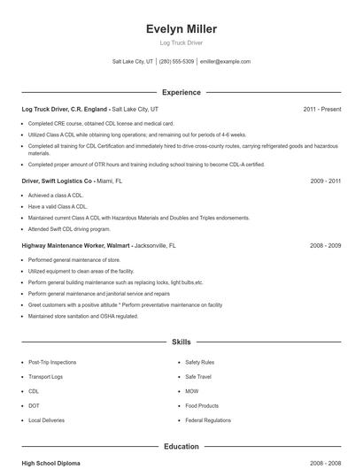 Log Truck Driver Resume