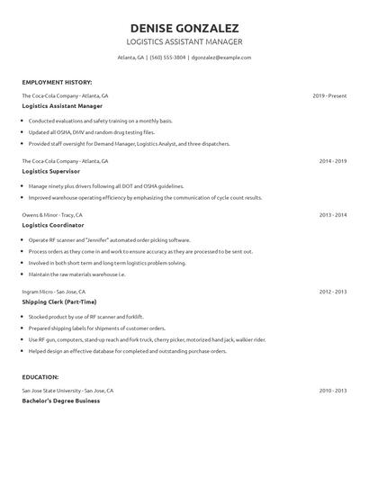 Logistics Assistant Manager Resume