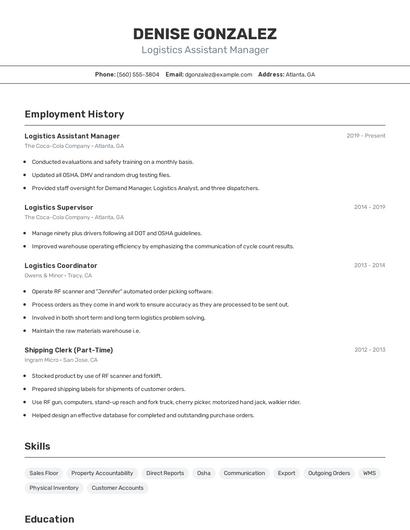 Logistics Assistant Manager Resume