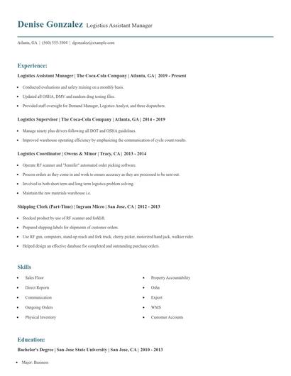 Logistics Assistant Manager Resume