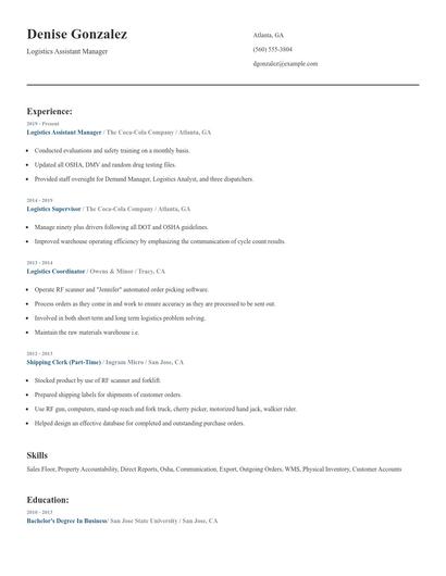 Logistics Assistant Manager Resume