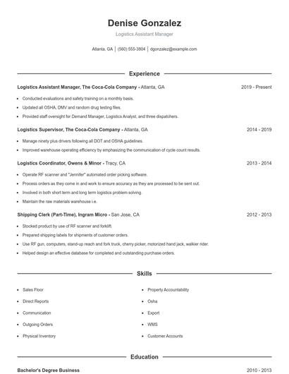 Logistics Assistant Manager Resume