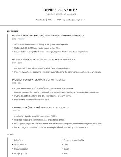 Logistics Assistant Manager Resume