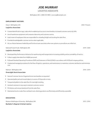 Logistics Associate Resume